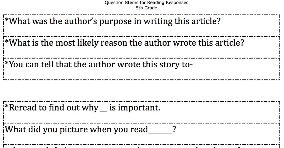 Reading Response Question Stems-Grades 4-8